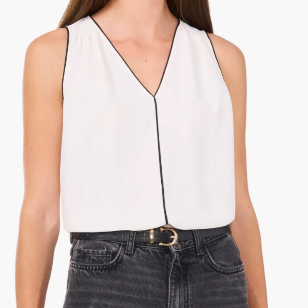 Ivory Piped Sleeveless Crêpe de Chine Top SZ: Large